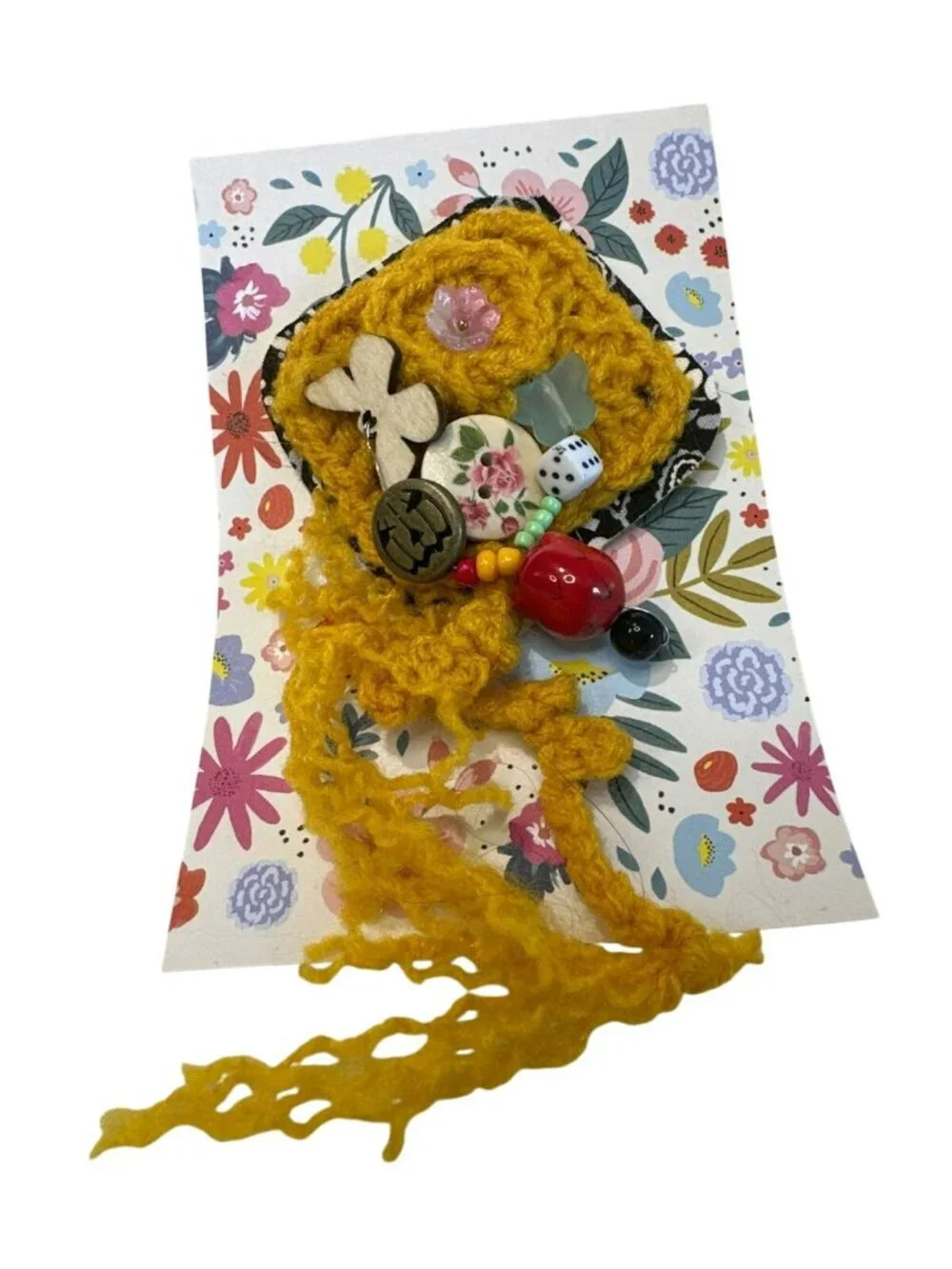 Handmade Brooch OOAK Yellow Crochet Embellished Charm Pin Shabby Chic 5